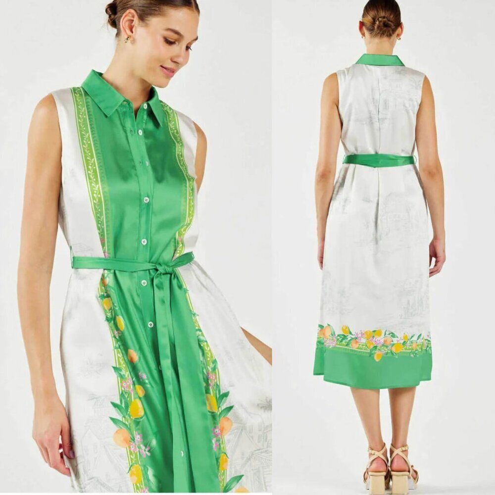 Current Air Lemon Garden Print Button Down Shirt Midi Dress Size Large 41200